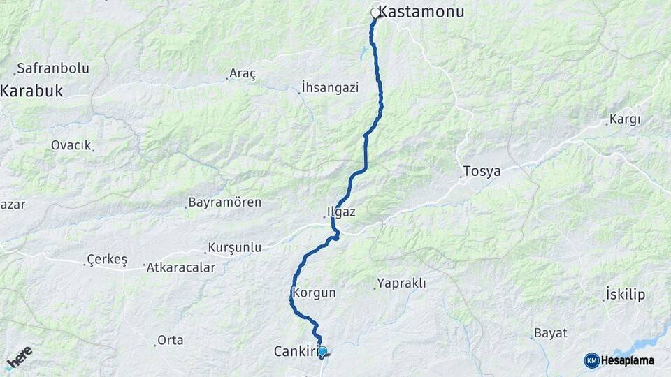 Çankırı Kastamonu Arası Kaç Km - Yol Haritası