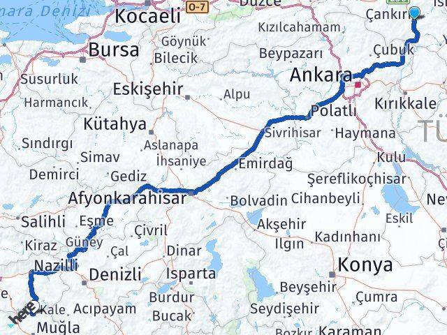 Çankırı Kavaklıdere Muğla Arası Kaç Km - Yol Haritası