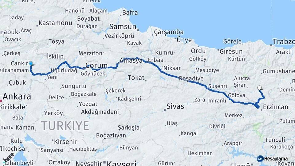 Çankırı Kelkit Gümüşhane Arası Kaç Km - Yol Haritası