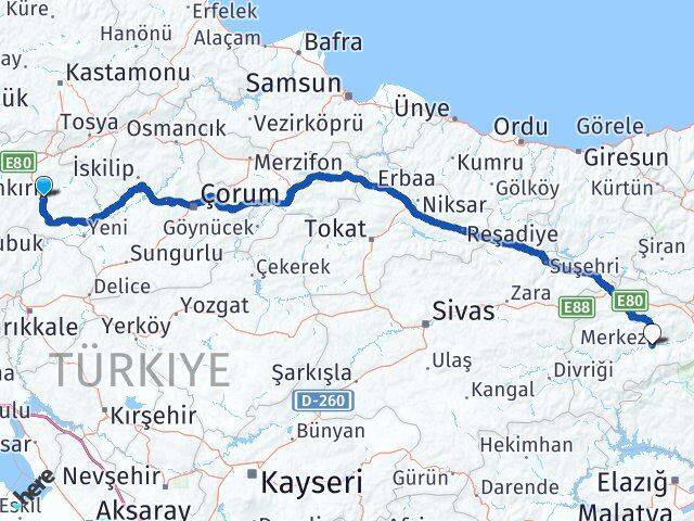 Çankırı Kemah Erzincan Arası Kaç Km - Yol Haritası