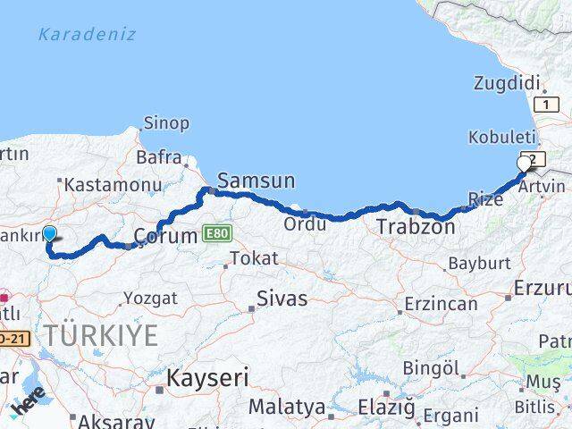 Çankırı Kemalpaşa Artvin Arası Kaç Km - Yol Haritası