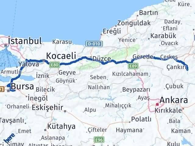 Çankırı Kestel Bursa Arası Kaç Km - Yol Haritası
