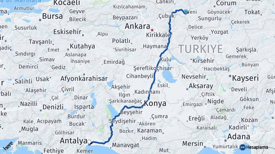 Çankırı Kızılırmak Antalya Arası Kaç Km - Yol Haritası