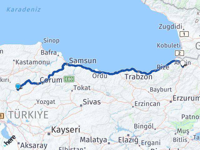 Çankırı Kızılırmak Artvin Arası Kaç Km - Yol Haritası