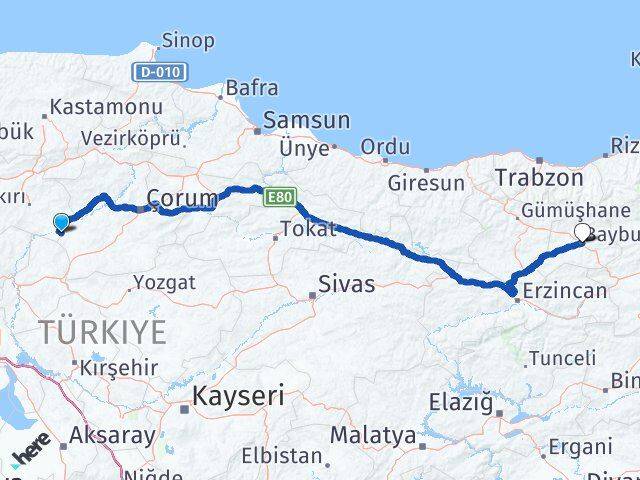 Çankırı Kızılırmak Bayburt Arası Kaç Km - Yol Haritası