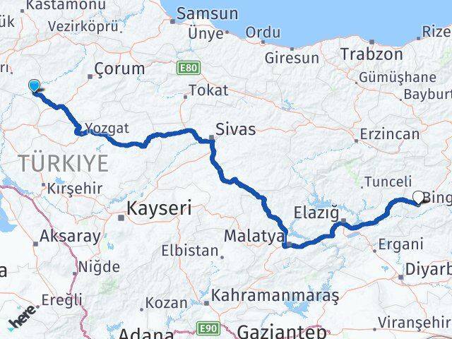 Çankırı Kızılırmak Bingöl Arası Kaç Km - Yol Haritası