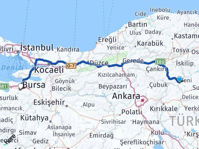 Çankırı Kızılırmak Bursa Arası Kaç Km - Yol Haritası