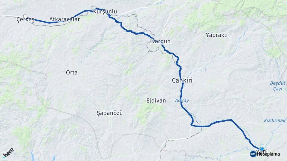 Çankırı Kızılırmak Çerkeş Arası Kaç Km - Yol Haritası