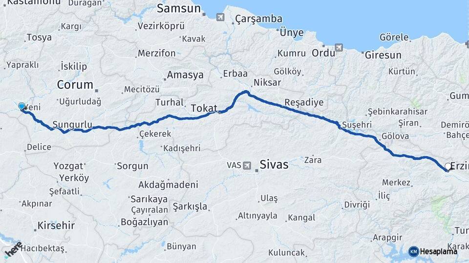 Çankırı Kızılırmak Erzincan Arası Kaç Km - Yol Haritası