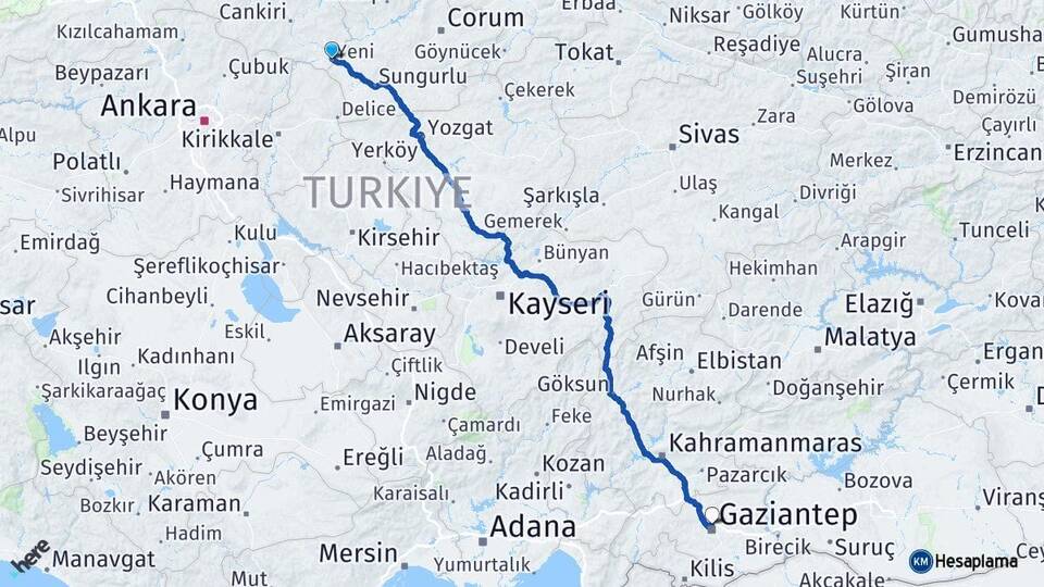 Çankırı Kızılırmak Gaziantep Arası Kaç Km - Yol Haritası