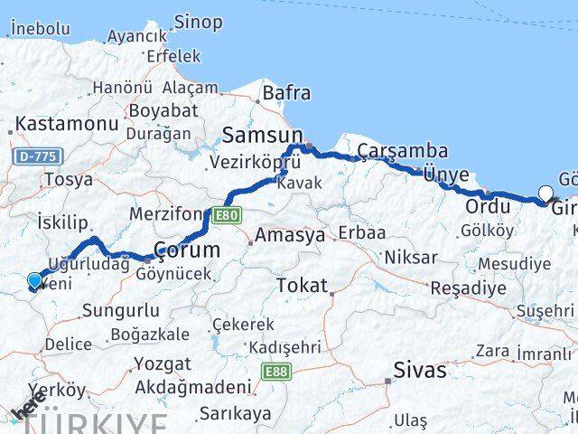 Çankırı Kızılırmak Giresun Arası Kaç Km - Yol Haritası