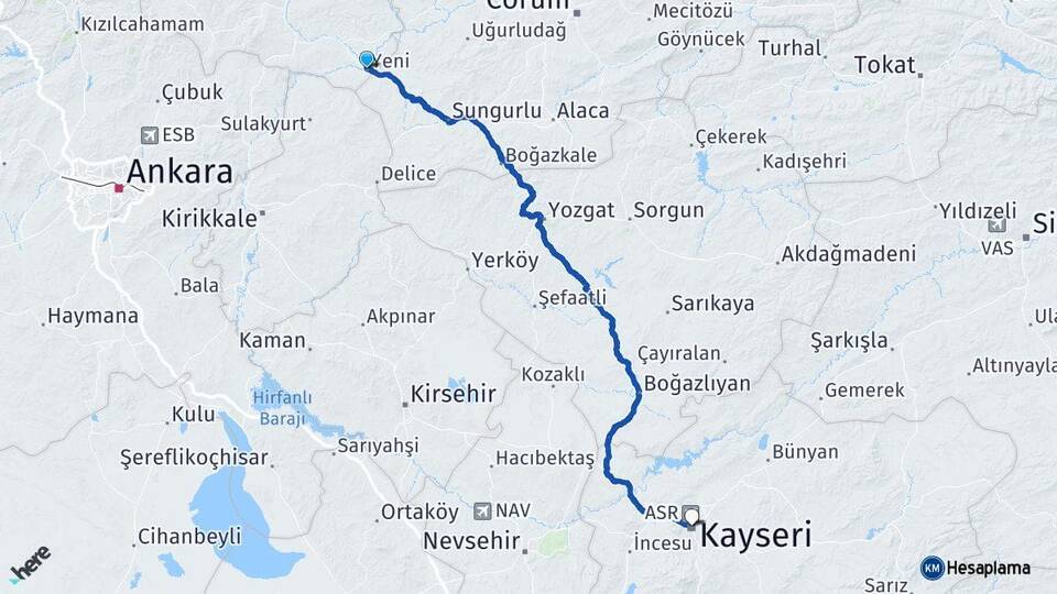 Çankırı Kızılırmak Kayseri Arası Kaç Km - Yol Haritası