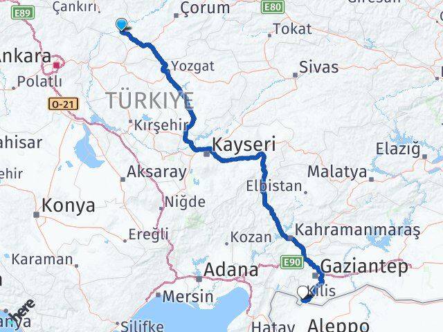 Çankırı Kızılırmak Kilis Arası Kaç Km - Yol Haritası