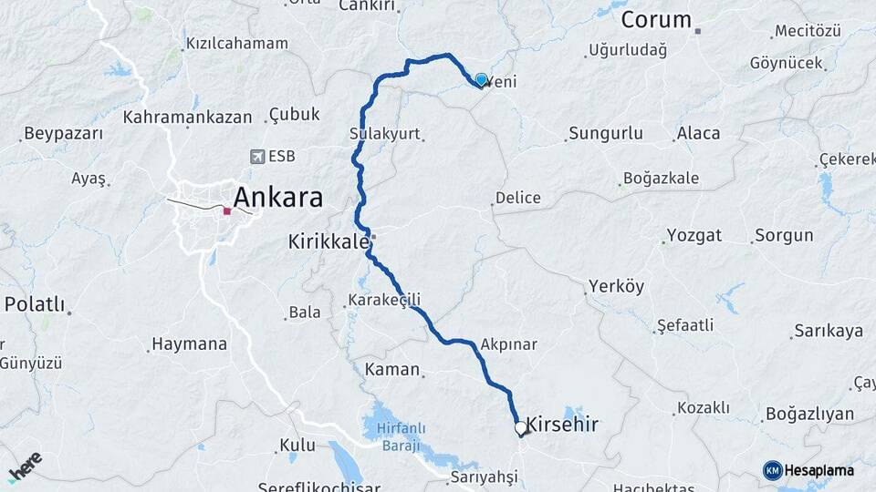 Çankırı Kızılırmak Kırşehir Arası Kaç Km - Yol Haritası