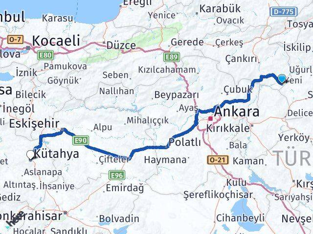 Çankırı Kızılırmak Kütahya Arası Kaç Km - Yol Haritası