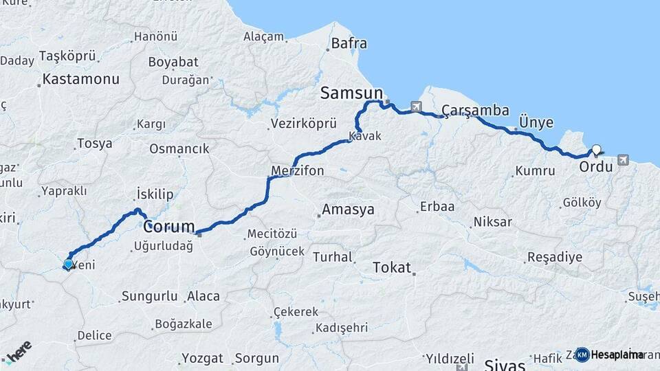 Çankırı Kızılırmak Ordu Arası Kaç Km - Yol Haritası