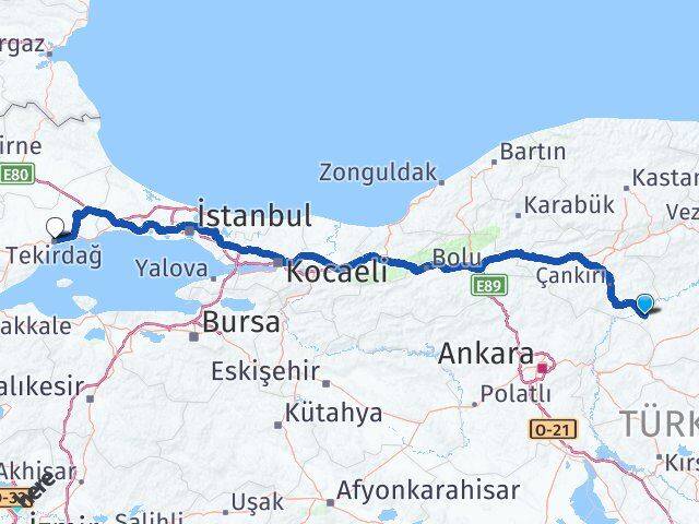 Çankırı Kızılırmak Tekirdağ Arası Kaç Km - Yol Haritası