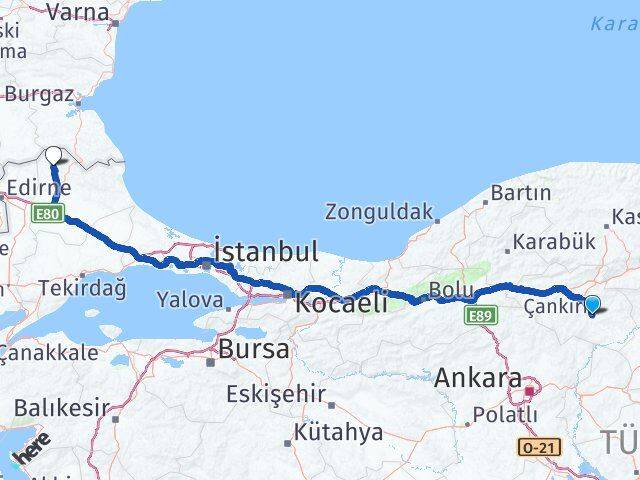 Çankırı Kofçaz Kırklareli Arası Kaç Km - Yol Haritası