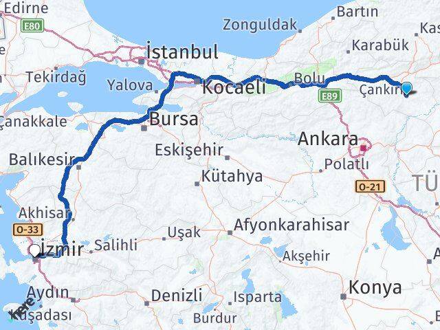 Çankırı Konak İzmir Arası Kaç Km - Yol Haritası