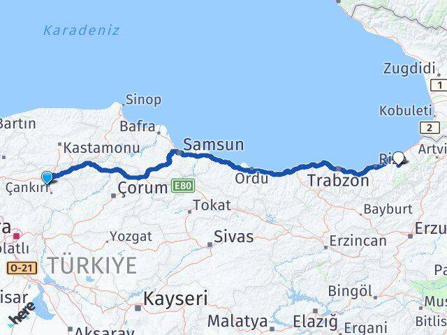 Çankırı Korgun Çamlıhemşin Rize Arası Kaç Km - Yol Haritası