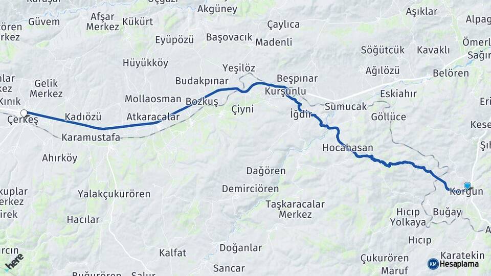 Çankırı Korgun Çerkeş Arası Kaç Km - Yol Haritası