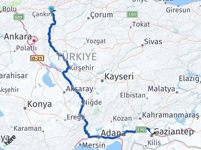 Çankırı Korgun Gaziantep Arası Kaç Km - Yol Haritası