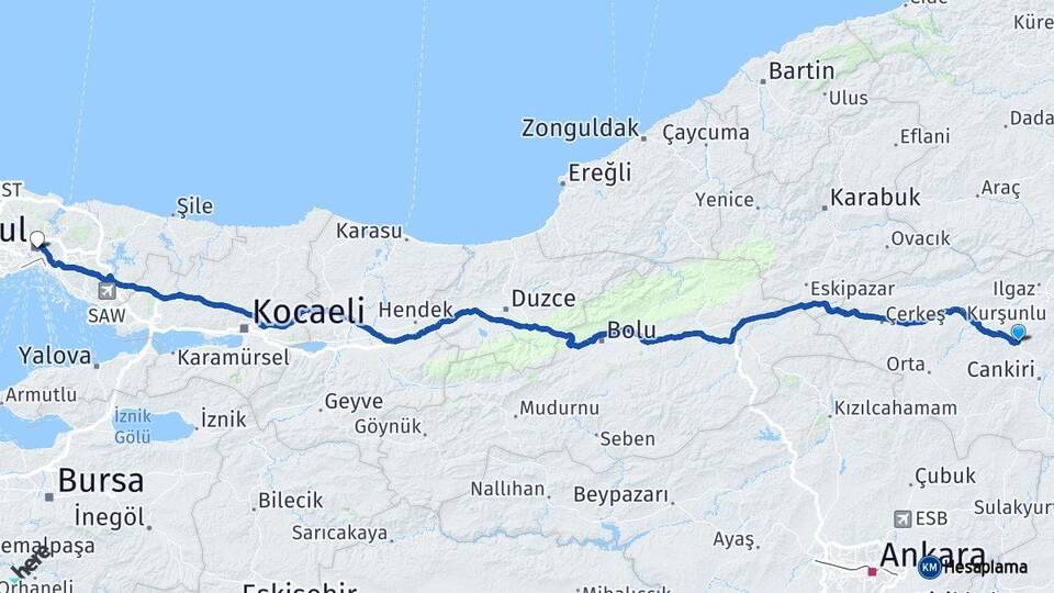 Çankırı Korgun İstanbul Arası Kaç Km - Yol Haritası