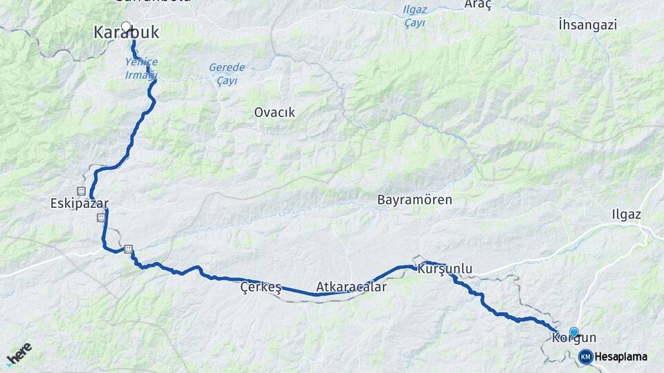 Çankırı Korgun Karabük Arası Kaç Km - Yol Haritası