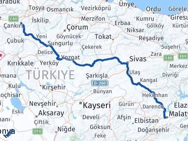 Çankırı Korgun Malatya Arası Kaç Km - Yol Haritası