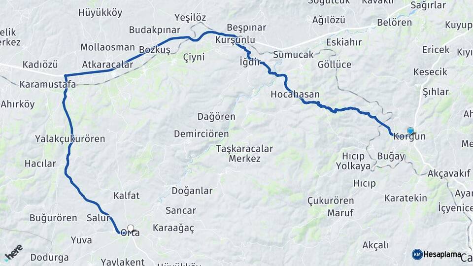 Çankırı Korgun Orta Arası Kaç Km - Yol Haritası