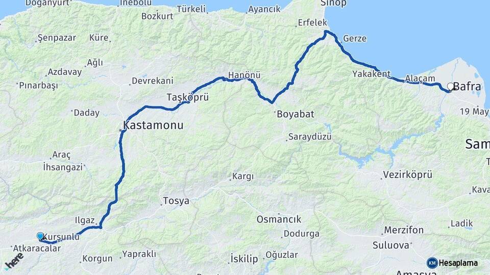 Çankırı Kurşunlu Bafra Samsun Arası Kaç Km - Yol Haritası