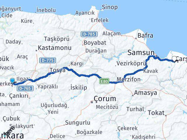 Çankırı Kurşunlu Çarşamba Samsun Arası Kaç Km - Yol Haritası