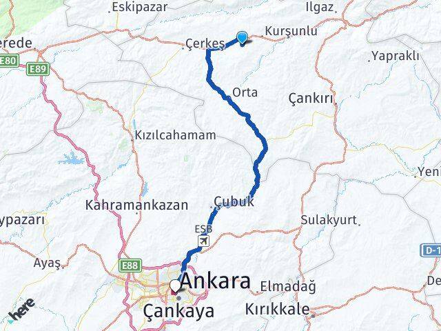 Çankırı Kurşunlu Çavundur Ankara Arası Kaç Km - Yol Haritası