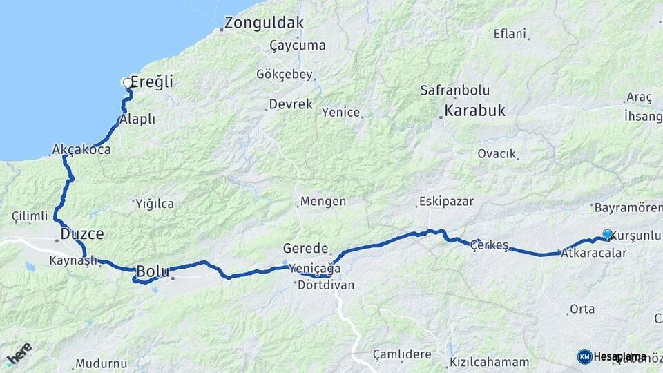 Çankırı Kurşunlu Ereğli Zonguldak Arası Kaç Km - Yol Haritası