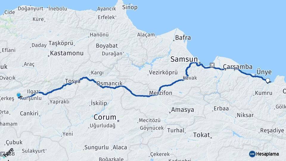 Çankırı Kurşunlu Fatsa Ordu Arası Kaç Km - Yol Haritası
