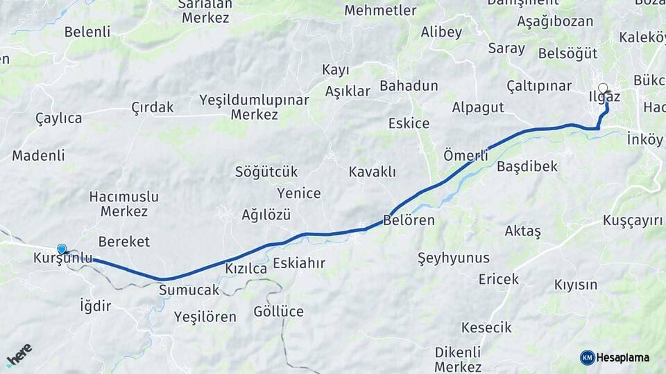 Çankırı Kurşunlu Ilgaz Arası Kaç Km - Yol Haritası