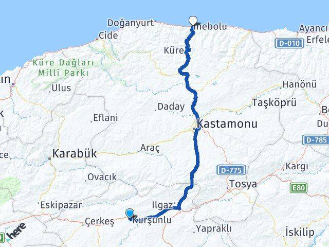 Çankırı Kurşunlu İnebolu Kastamonu Arası Kaç Km - Yol Haritası