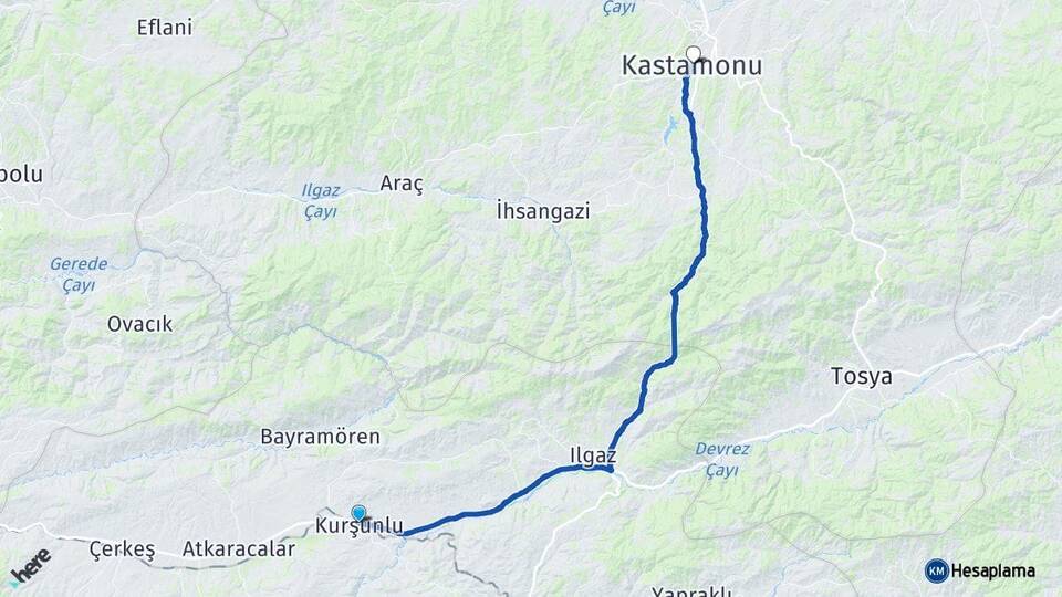 Çankırı Kurşunlu Kastamonu Arası Kaç Km - Yol Haritası