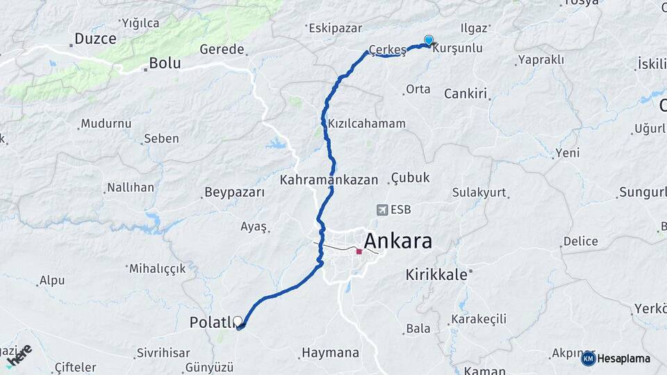 Çankırı Kurşunlu Polatlı Ankara Arası Kaç Km - Yol Haritası