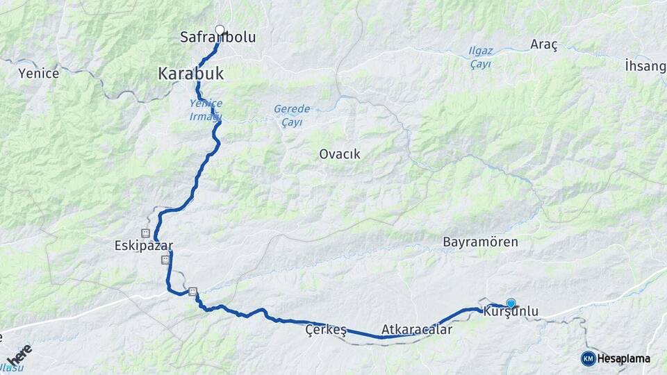 Çankırı Kurşunlu Safranbolu Karabük Arası Kaç Km - Yol Haritası