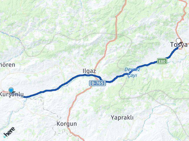 Çankırı Kurşunlu Tosya Kastamonu Arası Kaç Km - Yol Haritası