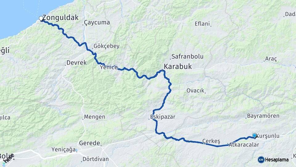 Çankırı Kurşunlu Zonguldak Arası Kaç Km - Yol Haritası