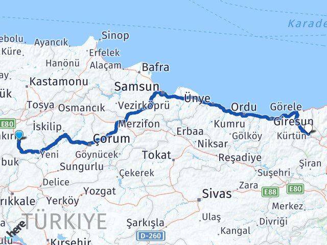 Çankırı Kürtün Gümüşhane Arası Kaç Km - Yol Haritası