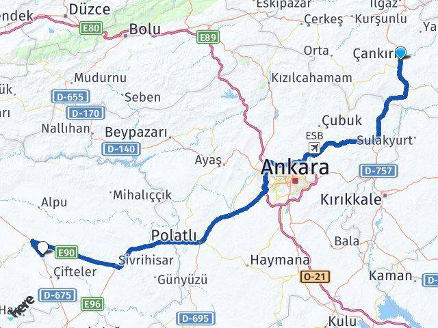 Çankırı Mahmudiye Eskişehir Arası Kaç Km - Yol Haritası
