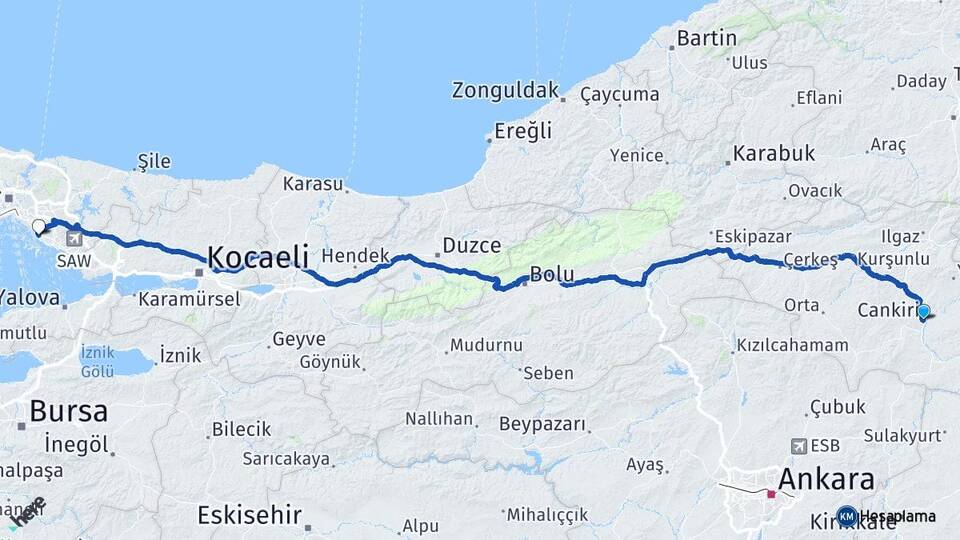 Çankırı Maltepe İstanbul Arası Kaç Km - Yol Haritası