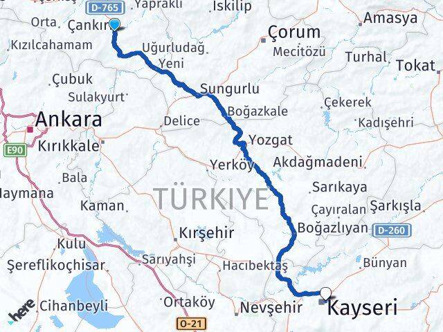 Çankırı Melikgazi Kayseri Arası Kaç Km - Yol Haritası