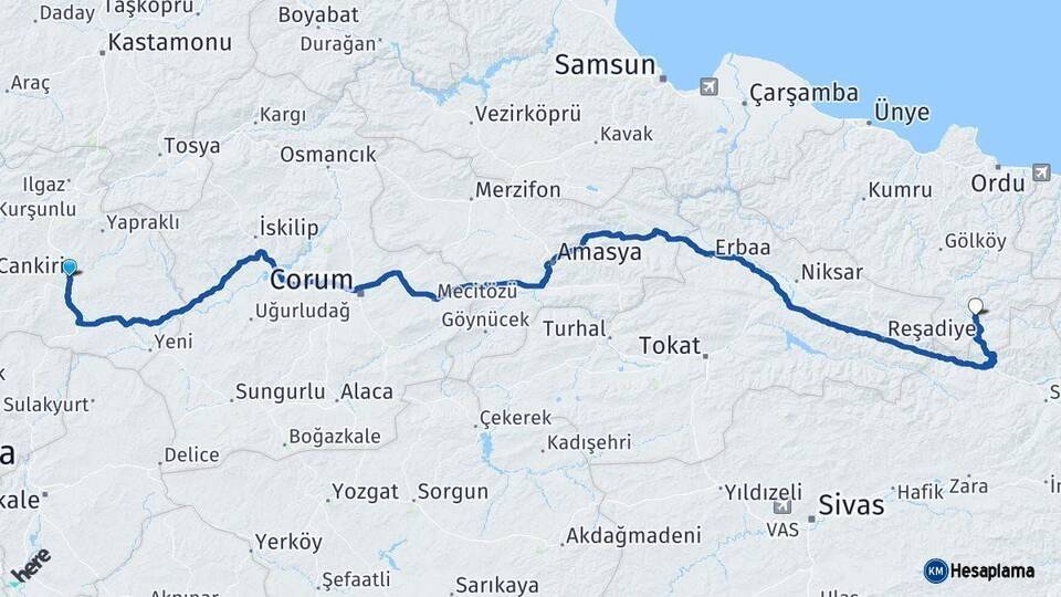 Çankırı Mesudiye Ordu Arası Kaç Km - Yol Haritası
