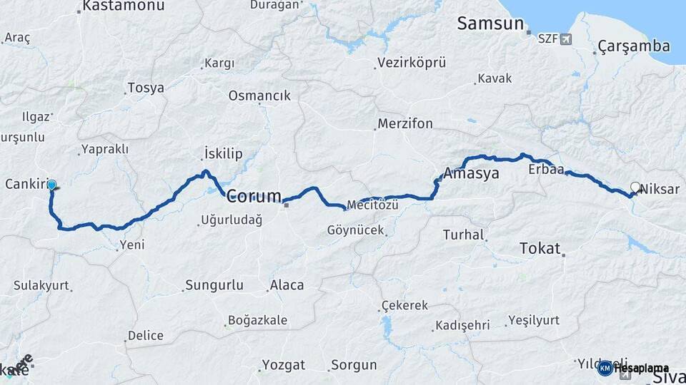 Çankırı Niksar Tokat Arası Kaç Km - Yol Haritası