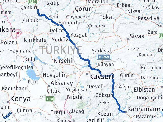 Çankırı Onikişubat Kahramanmaraş Arası Kaç Km - Yol Haritası