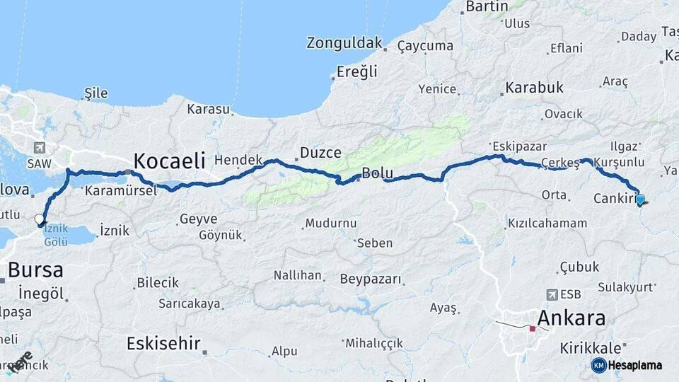 Çankırı Orhangazi Bursa Arası Kaç Km - Yol Haritası